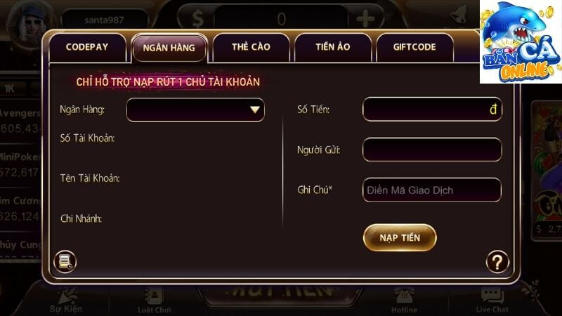 Giao diện nạp tiền tại cổng game Nhatvip